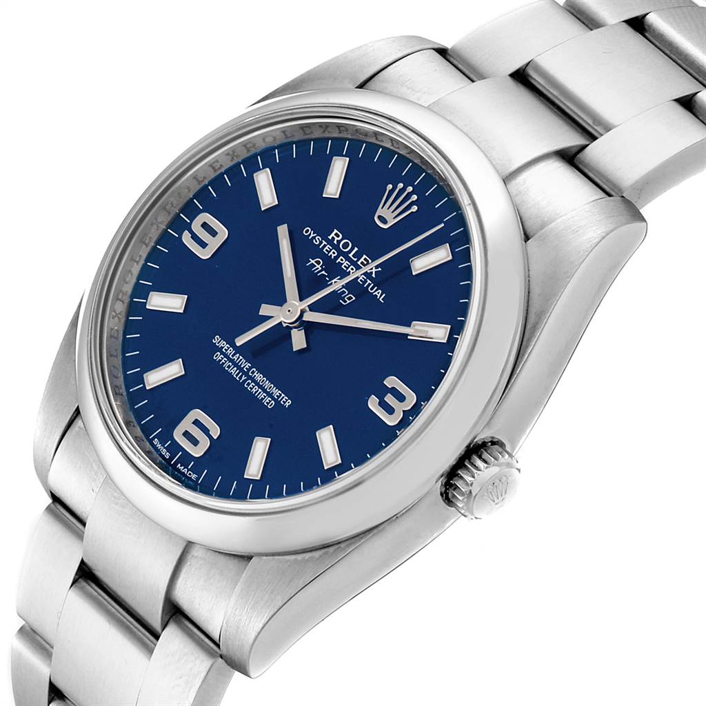 This Rolex Air-King 114200 Men's Stainless Steel Blue Dial 114200 Men's Stainless Steel Blue Dial watch is viewed at an angle showcasing its blue dial, stainless steel case, and bracelet.