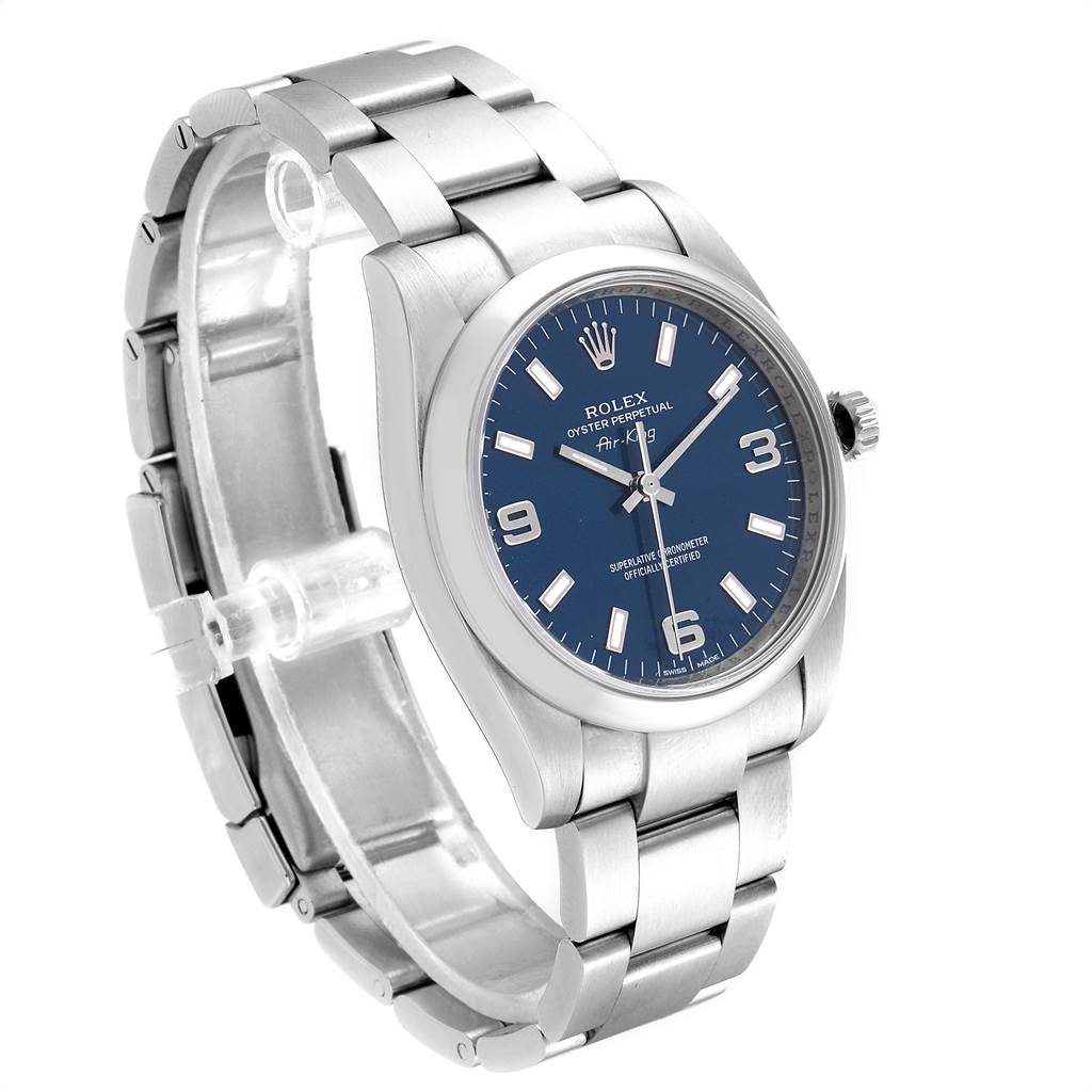 The image shows a side and front view of the Rolex Air-King 114200 Men's Stainless Steel Blue Dial 114200 Men's Stainless Steel Blue Dial watch, displaying the bracelet, dial, and case.