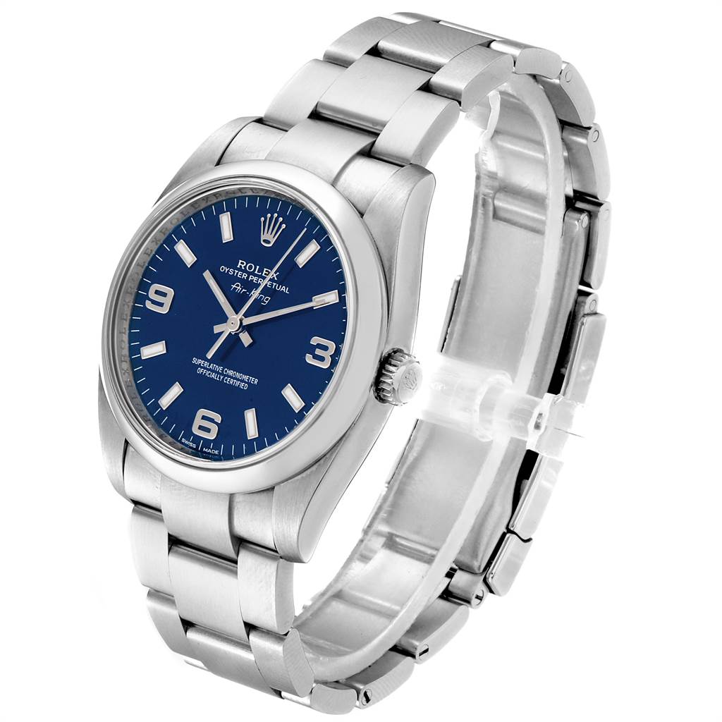 The Rolex Air-King 114200 Men's Stainless Steel Blue Dial 114200 Men's Stainless Steel Blue Dial watch is shown at an angle highlighting the face, bezel, crown, and stainless steel bracelet.
