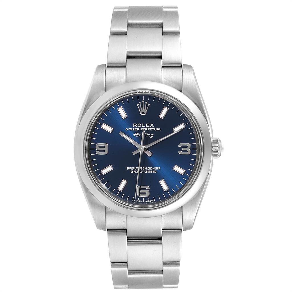 The image shows a frontal view of a Rolex Air-King 114200 Men's Stainless Steel Blue Dial 114200 Men's Stainless Steel Blue Dial watch, highlighting its blue dial, hour markers, and stainless steel bracelet.