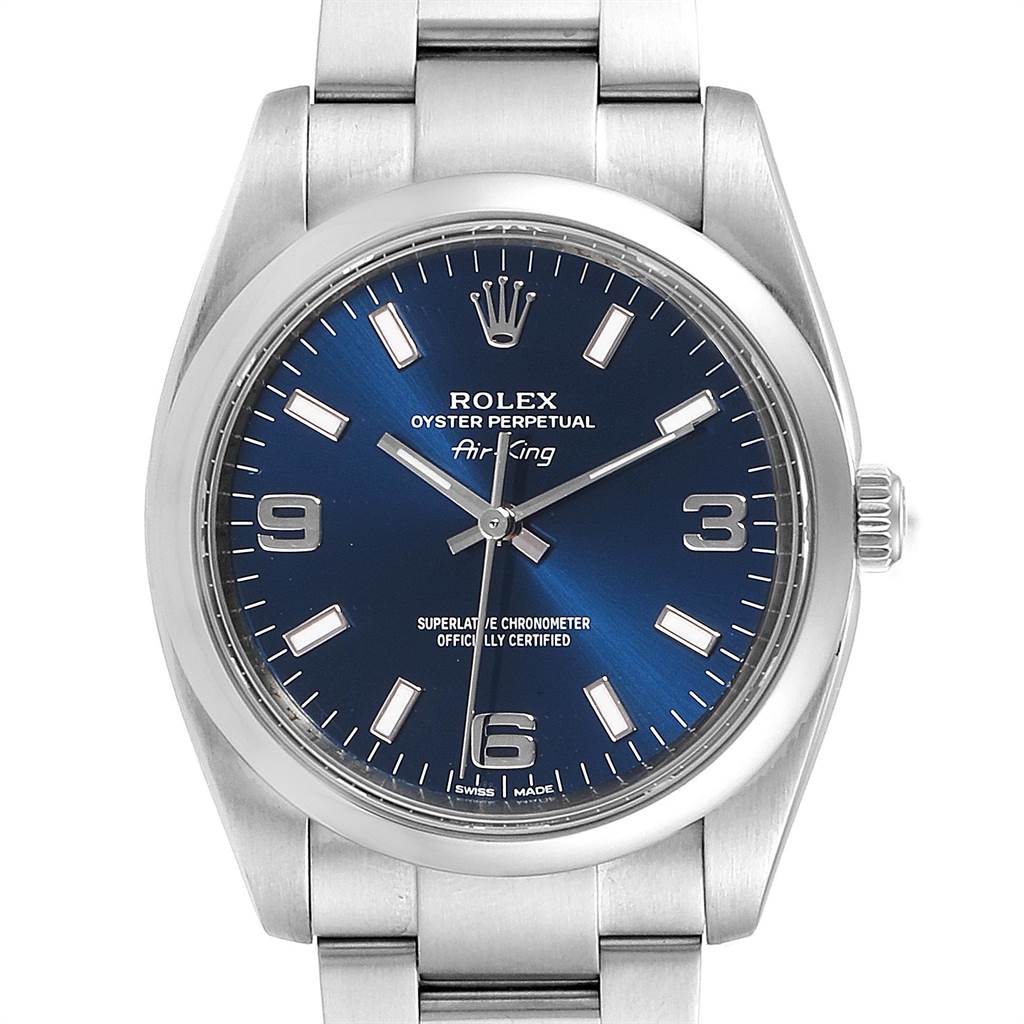 The image shows a Rolex Air-King 114200 Men's Stainless Steel Blue Dial 114200 Men's Stainless Steel Blue Dial watch from a frontal angle, highlighting the dial, hands, crown, and part of the bracelet.