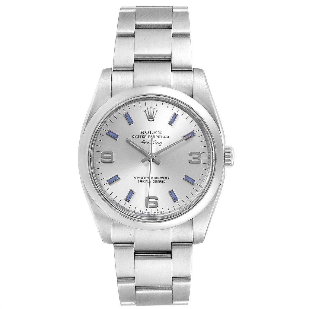 The image shows a front view of the Rolex Air-King 114200 Men's Stainless Steel Silver Dial 114200 Men's Stainless Steel Silver Dial watch, displaying its dial, hands, crown, and bracelet.