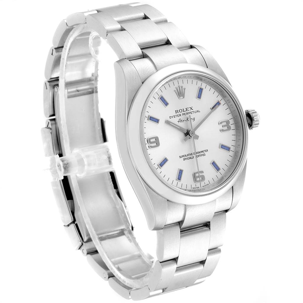 The image shows a Rolex Air-King 114200 Men's Stainless Steel Silver Dial 114200 Men's Stainless Steel Silver Dial, angled to display the watch face, crown, and stainless steel bracelet.