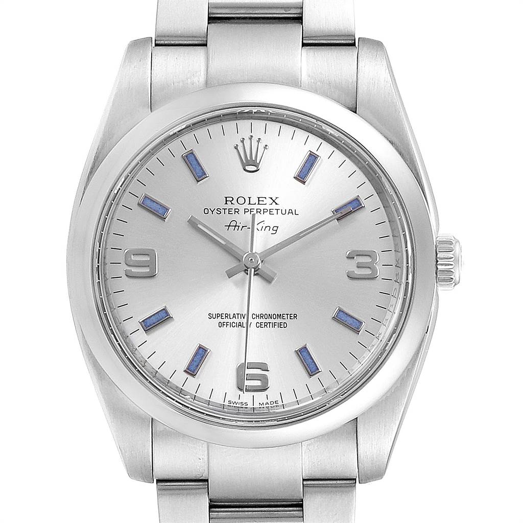 The image shows a front view of the Rolex Air-King 114200 Men's Stainless Steel Silver Dial 114200 Men's Stainless Steel Silver Dial watch, highlighting its dial, hands, and part of the bracelet.