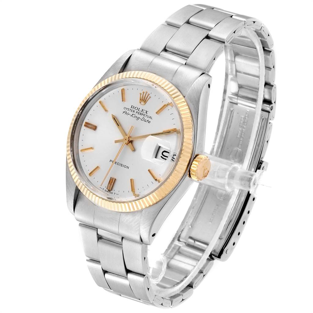 The image shows a side angle of the Rolex Vintage Collection 5701 Men's Steel and Gold (two tone) Silver Dial 5701 Men's Steel and Gold (two tone) Silver Dial model, highlighting the watch face, bezel, and bracelet.