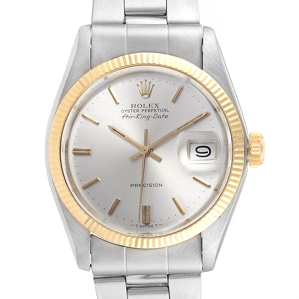 The image shows a frontal view of the Rolex Vintage Collection 5701 Men's Steel and Gold (two tone) Silver Dial 5701 Men's Steel and Gold (two tone) Silver Dial Oyster Perpetual Air-King-Date watch, highlighting its dial, bezel, and bracelet.