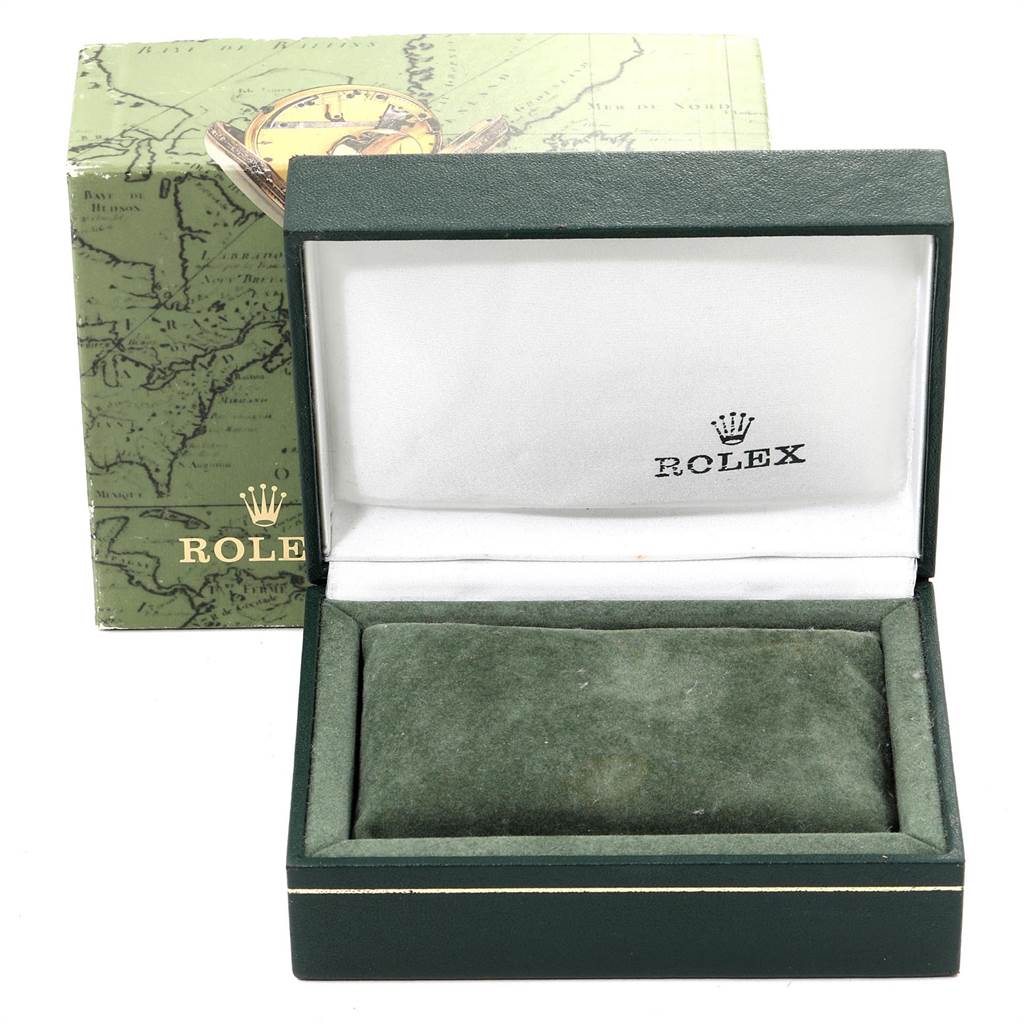 The image shows an empty Rolex Vintage Collection 5701 Men's Steel and Gold (two tone) Silver Dial 5701 Men's Steel and Gold (two tone) Silver Dial watch box, viewed from the front with the inner cushion and lid visible.