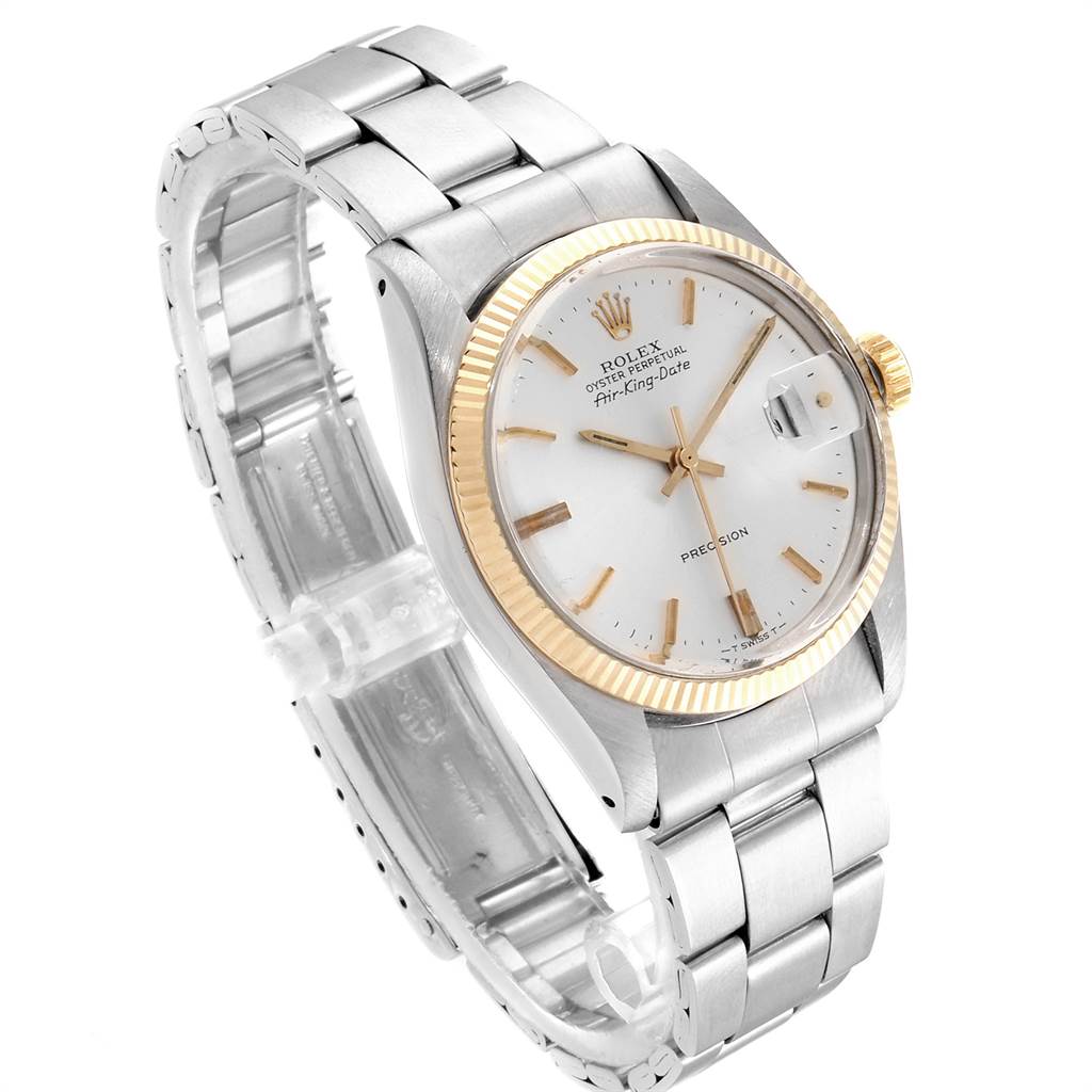 The Rolex Vintage Collection 5701 Men's Steel and Gold (two tone) Silver Dial 5701 Men's Steel and Gold (two tone) Silver Dial watch is shown at an angled side view highlighting its face, bezel, and bracelet.