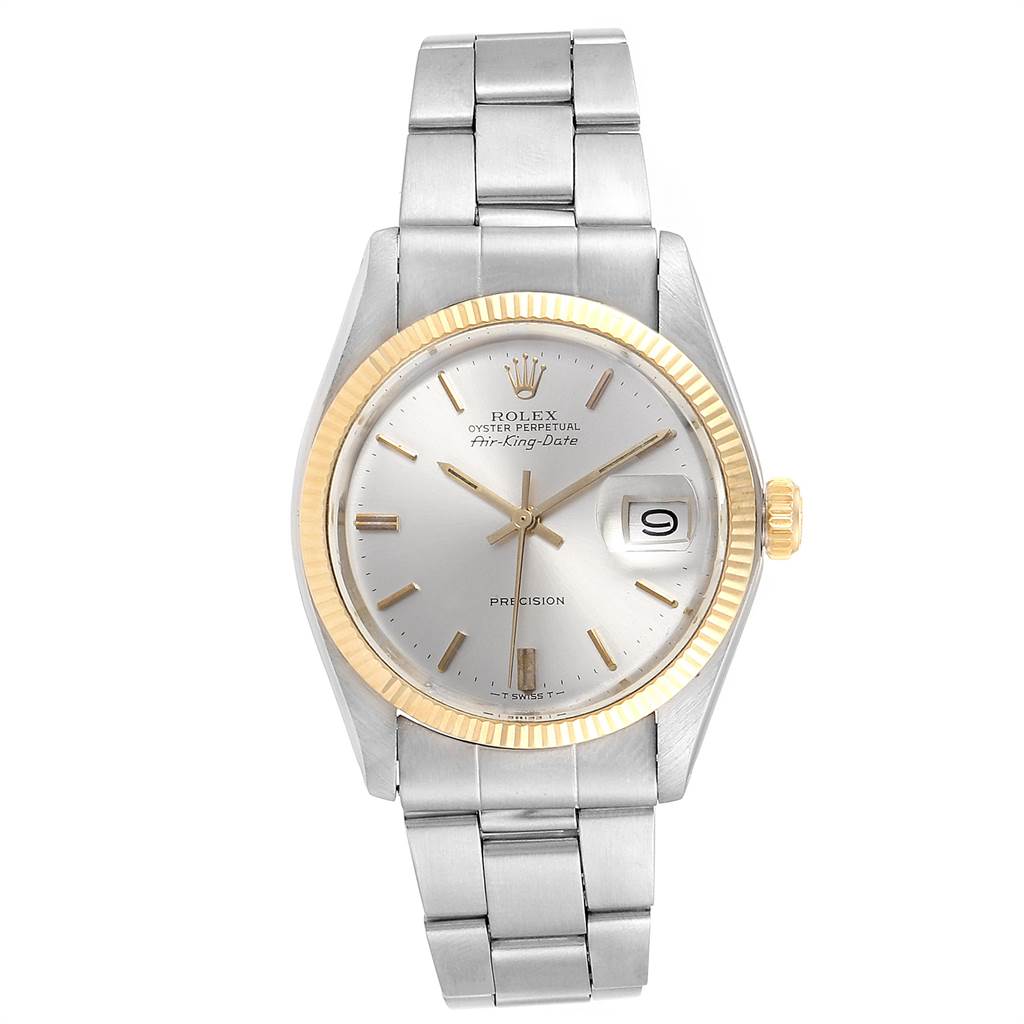 The image shows a front view of a Rolex Vintage Collection 5701 Men's Steel and Gold (two tone) Silver Dial 5701 Men's Steel and Gold (two tone) Silver Dial model, displaying its silver dial, gold bezel, and date window.