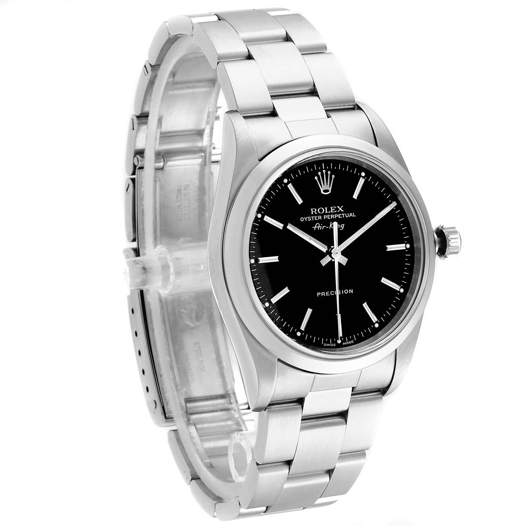 This Rolex Air-King 14000 Men's Stainless Steel Black Dial 14000 Men's Stainless Steel Black Dial watch is displayed at a three-quarter angle, showcasing the bracelet, case, and dial.