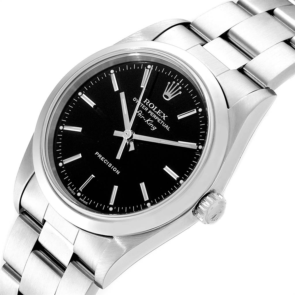 The Rolex Air-King 14000 Men's Stainless Steel Black Dial 14000 Men's Stainless Steel Black Dial watch is shown at a slight angle, displaying its black dial, crown, and stainless steel bracelet.