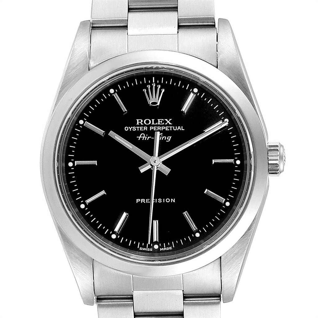 This image shows a Rolex Air-King 14000 Men's Stainless Steel Black Dial 14000 Men's Stainless Steel Black Dial watch from the front, highlighting its black dial, hands, and stainless steel bracelet.