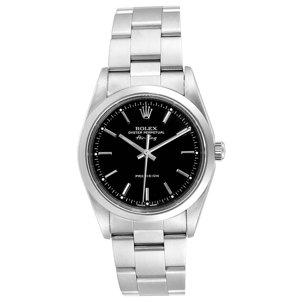 The image displays a Rolex Air-King 14000 Men's Stainless Steel Black Dial 14000 Men's Stainless Steel Black Dial watch from a front angle, showcasing the face, bezel, and stainless steel bracelet.