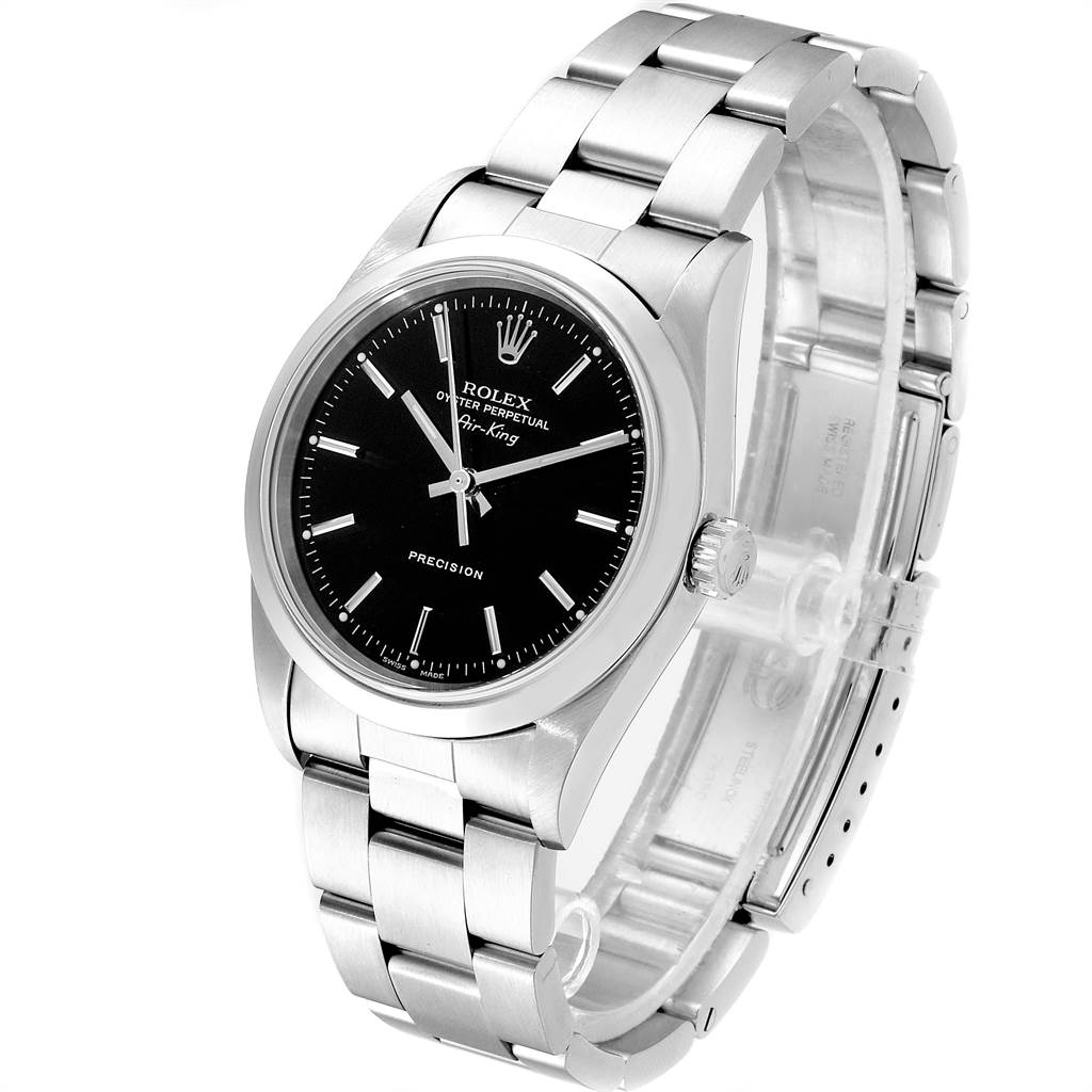 The Rolex Air-King 14000 Men's Stainless Steel Black Dial 14000 Men's Stainless Steel Black Dial watch is shown at a three-quarter angle, displaying its face, bezel, case, crown, and bracelet.