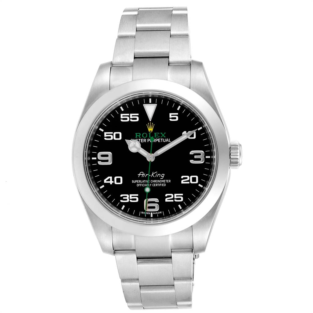 The image shows a frontal view of a Rolex Air-King 116900 Men's Stainless Steel Black Dial 116900 Men's Stainless Steel Black Dial watch, highlighting the dial, casing, and metal bracelet.