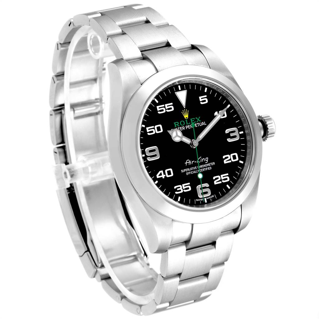 The image shows a Rolex Air-King 116900 Men's Stainless Steel Black Dial 116900 Men's Stainless Steel Black Dial model watch from a three-quarter angle, displaying the dial, crown, and bracelet.
