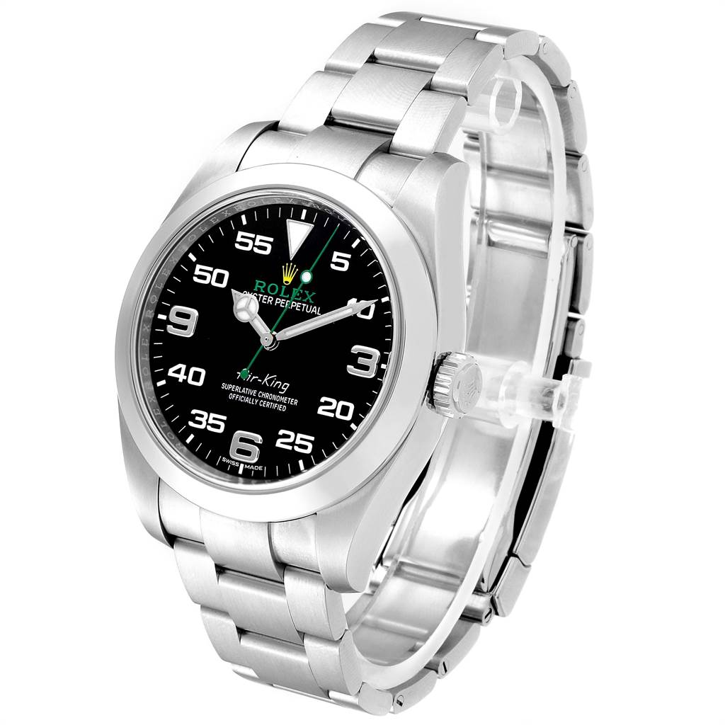 The image shows a Rolex Air-King 116900 Men's Stainless Steel Black Dial 116900 Men's Stainless Steel Black Dial watch at an angled view, displaying the black dial, steel case, and metal bracelet.