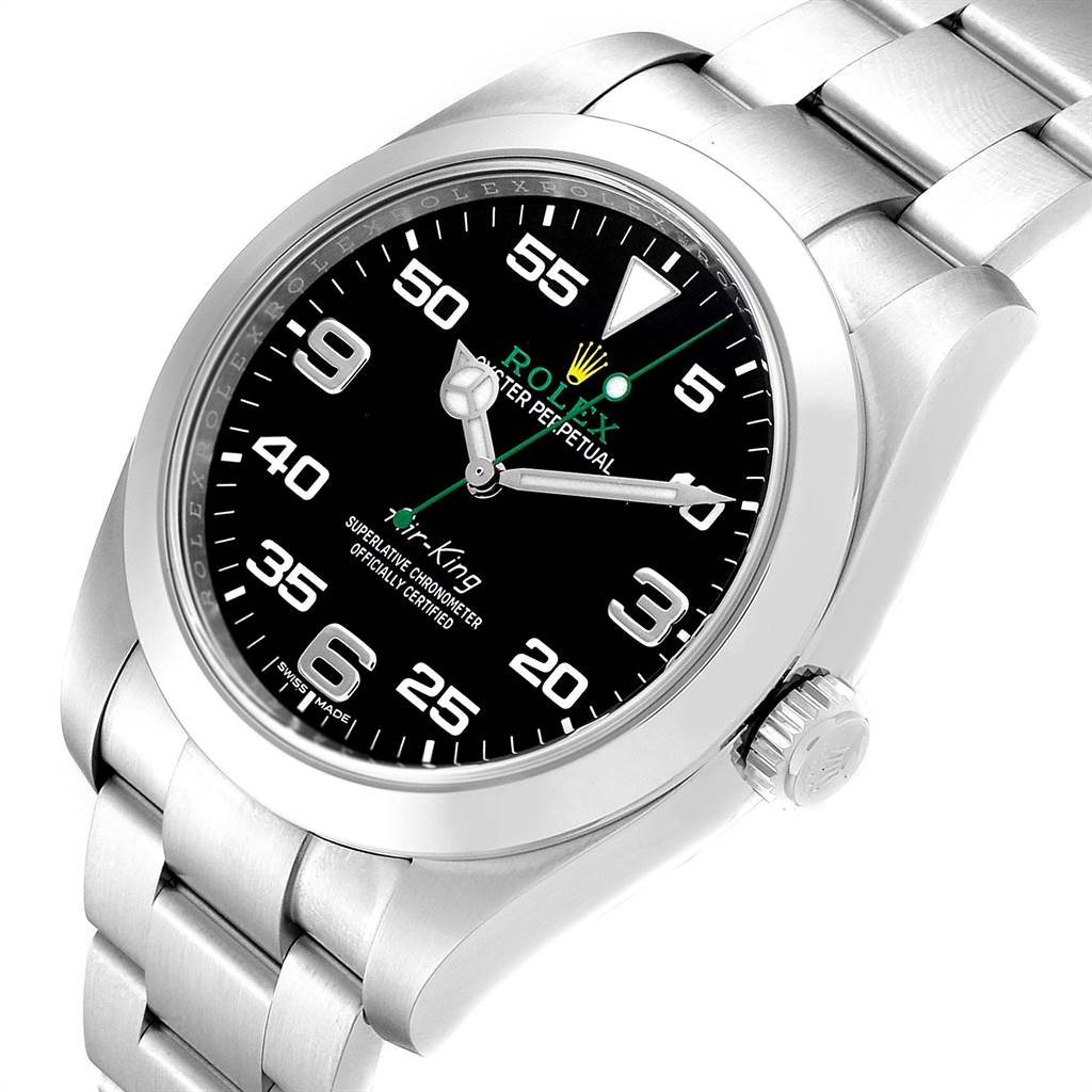 This Rolex Air-King 116900 Men's Stainless Steel Black Dial 116900 Men's Stainless Steel Black Dial watch is shown at a slight angle, highlighting the face, hour markers, and stainless steel bracelet.