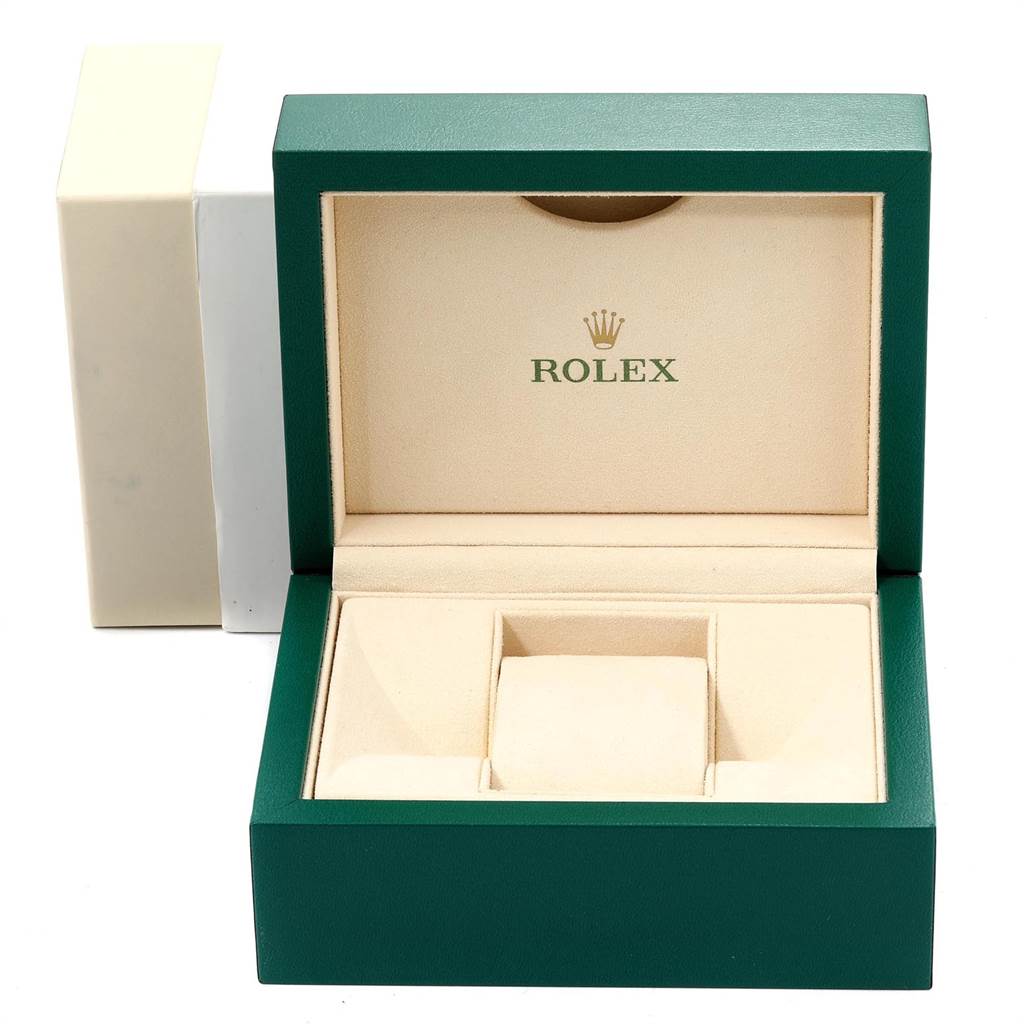 The image shows an open Rolex Air-King 116900 Men's Stainless Steel Black Dial 116900 Men's Stainless Steel Black Dial watch box, displaying its interior compartments.