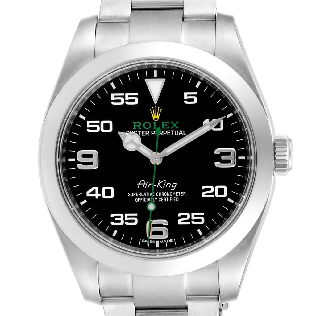 This image shows a front view of a Rolex Air-King 116900 Men's Stainless Steel Black Dial 116900 Men's Stainless Steel Black Dial watch, highlighting its black dial, silver numerals, and stainless steel bracelet.