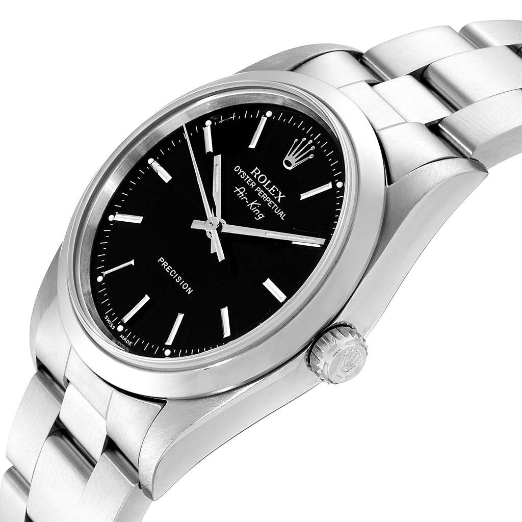 This image shows a side angle of the Rolex Air-King 14000 Men's Stainless Steel Black Dial 14000 Men's Stainless Steel Black Dial watch, highlighting its black dial, stainless steel bracelet, and crown.