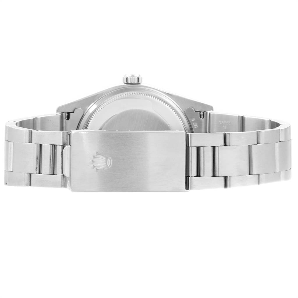 The image shows the back view of a Rolex Air-King 14000 Men's Stainless Steel Black Dial 14000 Men's Stainless Steel Black Dial watch, highlighting the clasp, bracelet, and case back.