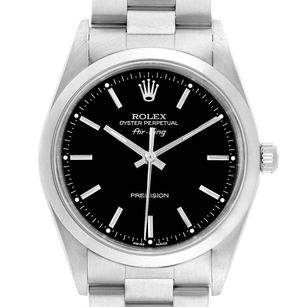 The image shows a Rolex Air-King 14000 Men's Stainless Steel Black Dial 14000 Men's Stainless Steel Black Dial watch from a front angle, highlighting the dial, hands, and part of the bracelet.