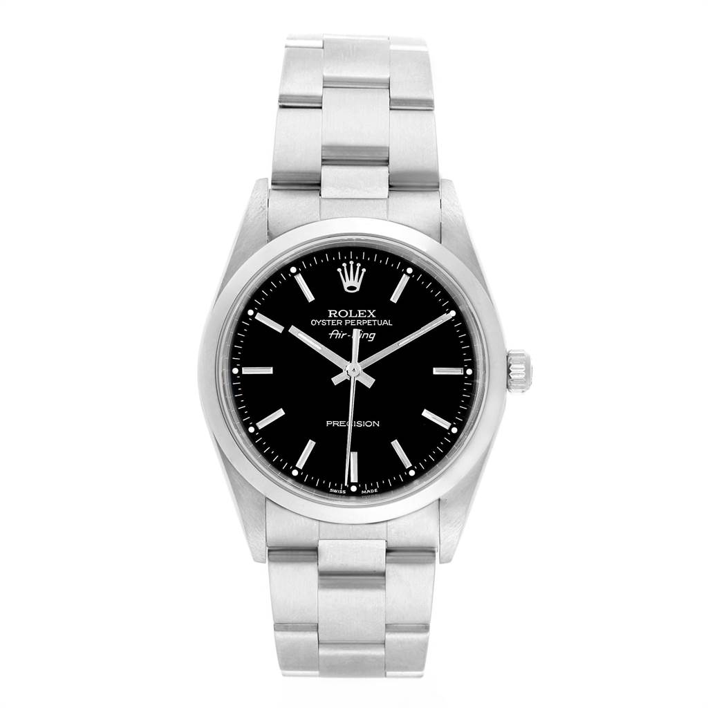 The image shows a full front view of a Rolex Air-King 14000 Men's Stainless Steel Black Dial 14000 Men's Stainless Steel Black Dial watch, prominently displaying its black dial and stainless steel bracelet.