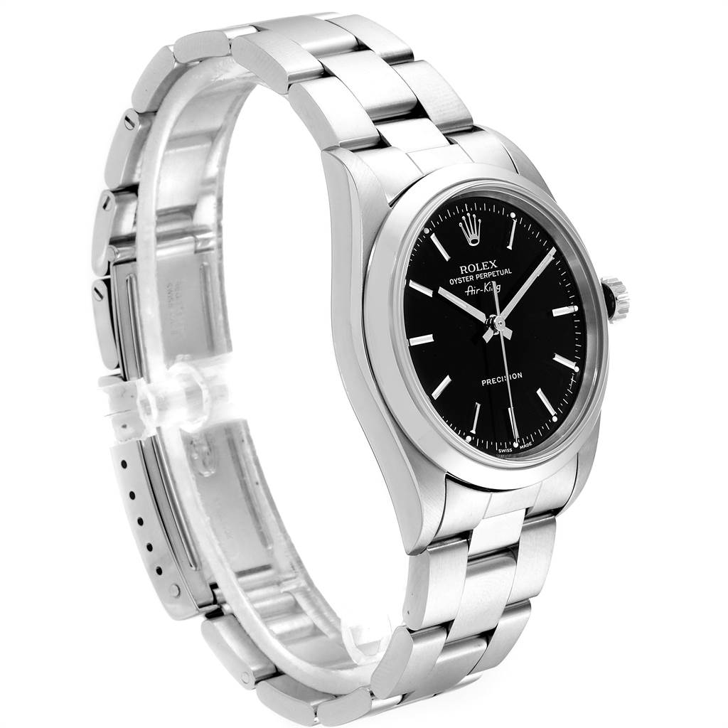 The image shows a Rolex Air-King 14000 Men's Stainless Steel Black Dial 14000 Men's Stainless Steel Black Dial watch from a side angle, displaying its metal bracelet, case, and black dial.