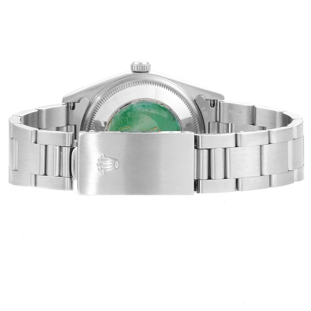 This is a rear view of the Rolex Air-King 14000 Men's Stainless Steel Silver Dial 14000 Men's Stainless Steel Silver Dial watch, showing its clasp and bracelet.