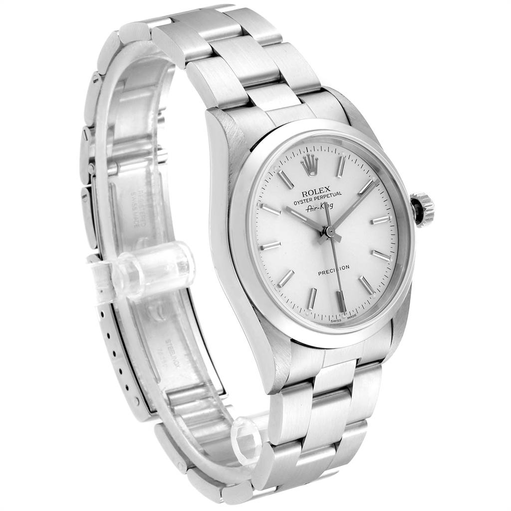 The Rolex Air-King 14000 Men's Stainless Steel Silver Dial 14000 Men's Stainless Steel Silver Dial watch is shown from a 3/4 angle, displaying the face, crown, and part of the band.