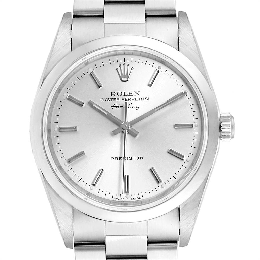 The Rolex Air-King 14000 Men's Stainless Steel Silver Dial 14000 Men's Stainless Steel Silver Dial watch is shown from a frontal angle, highlighting its silver dial, crown, and metal bracelet.