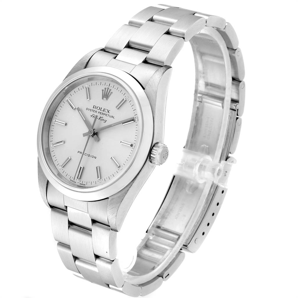 The image shows a Rolex Air-King 14000 Men's Stainless Steel Silver Dial 14000 Men's Stainless Steel Silver Dial watch from a left-side angle, displaying the face, bezel, crown, and part of the bracelet.