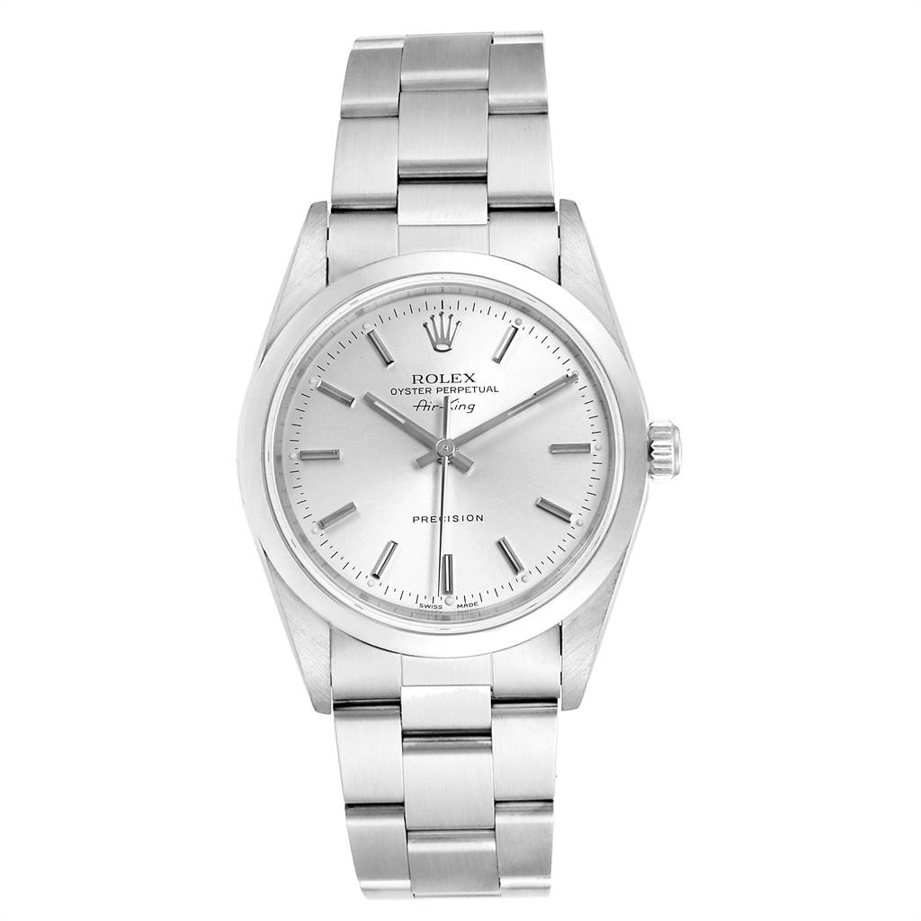 The image shows a front view of a stainless steel Rolex Air-King 14000 Men's Stainless Steel Silver Dial 14000 Men's Stainless Steel Silver Dial watch, displaying the dial, hour markers, and bracelet.