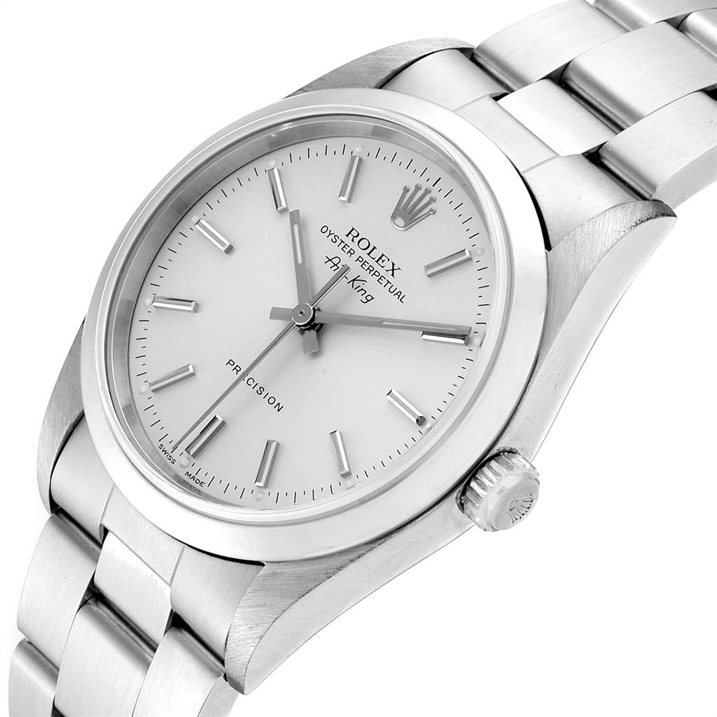 The Rolex Air-King 14000 Men's Stainless Steel Silver Dial 14000 Men's Stainless Steel Silver Dial watch is shown at an angled close-up, highlighting the dial, crown, and stainless steel bracelet.