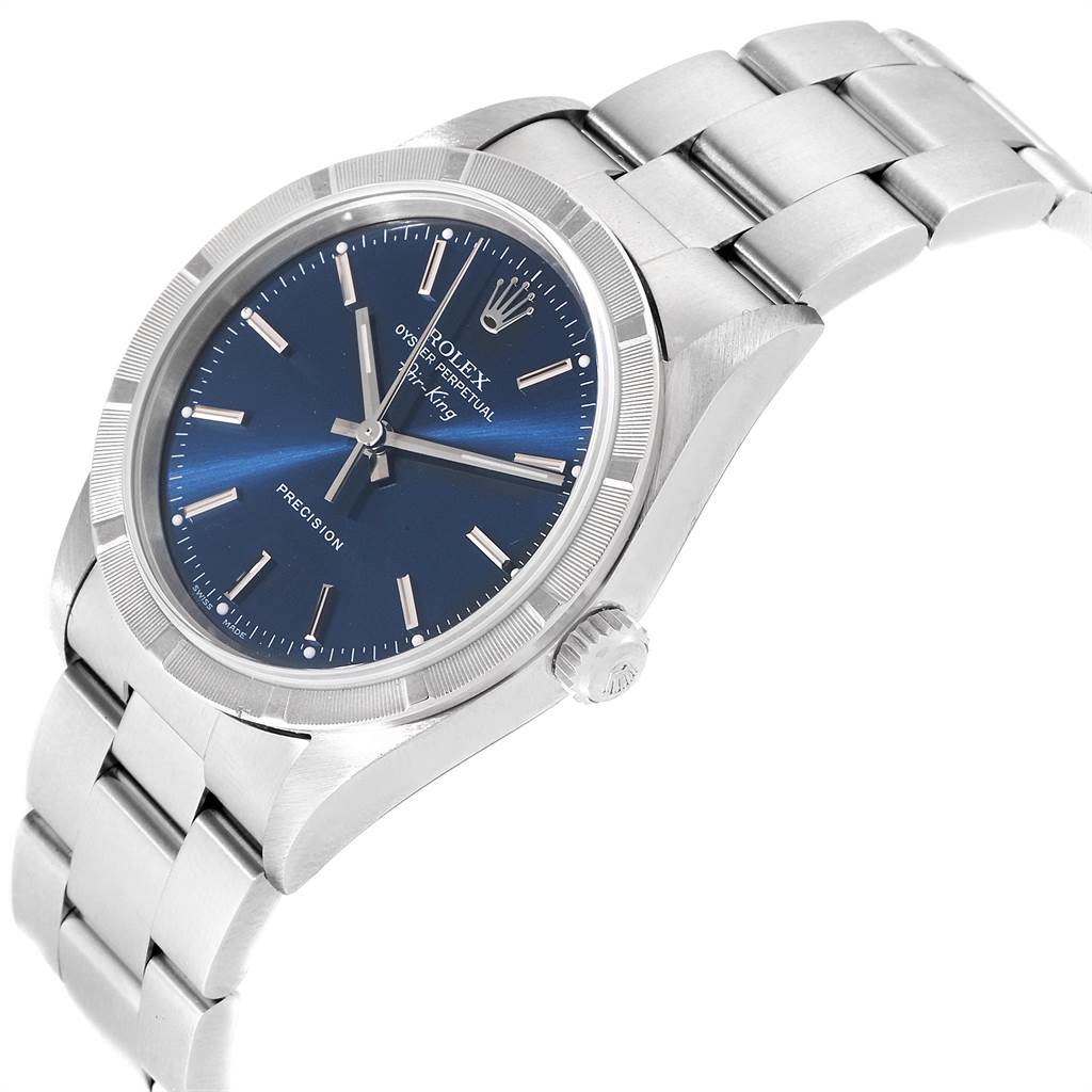 This is a Rolex Air-King 14010 Men's Stainless Steel Blue Dial 14010 Men's Stainless Steel Blue Dial watch shown at an oblique angle, displaying the face, case, crown, and part of the bracelet.