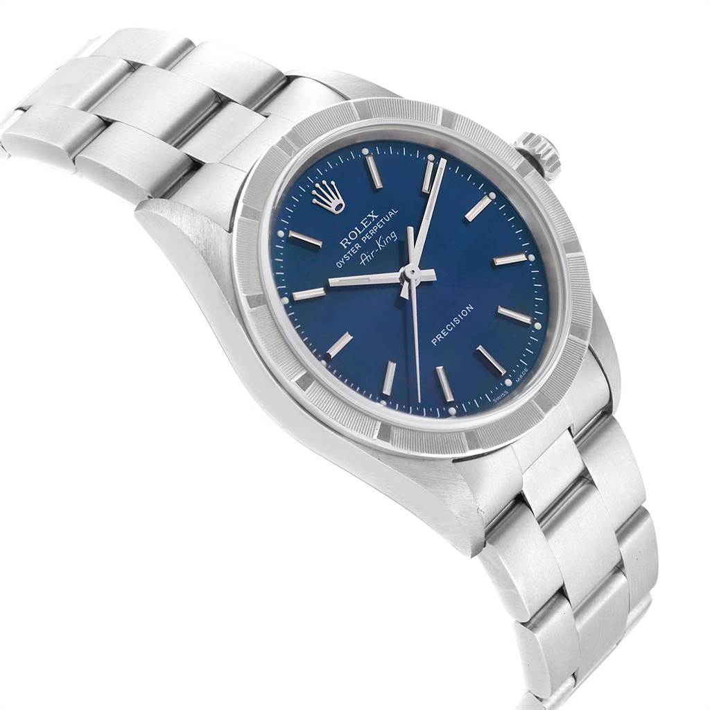 The Rolex Air-King 14010 Men's Stainless Steel Blue Dial 14010 Men's Stainless Steel Blue Dial watch is shown at an angle highlighting the face, bezel, crown, and a part of the bracelet.