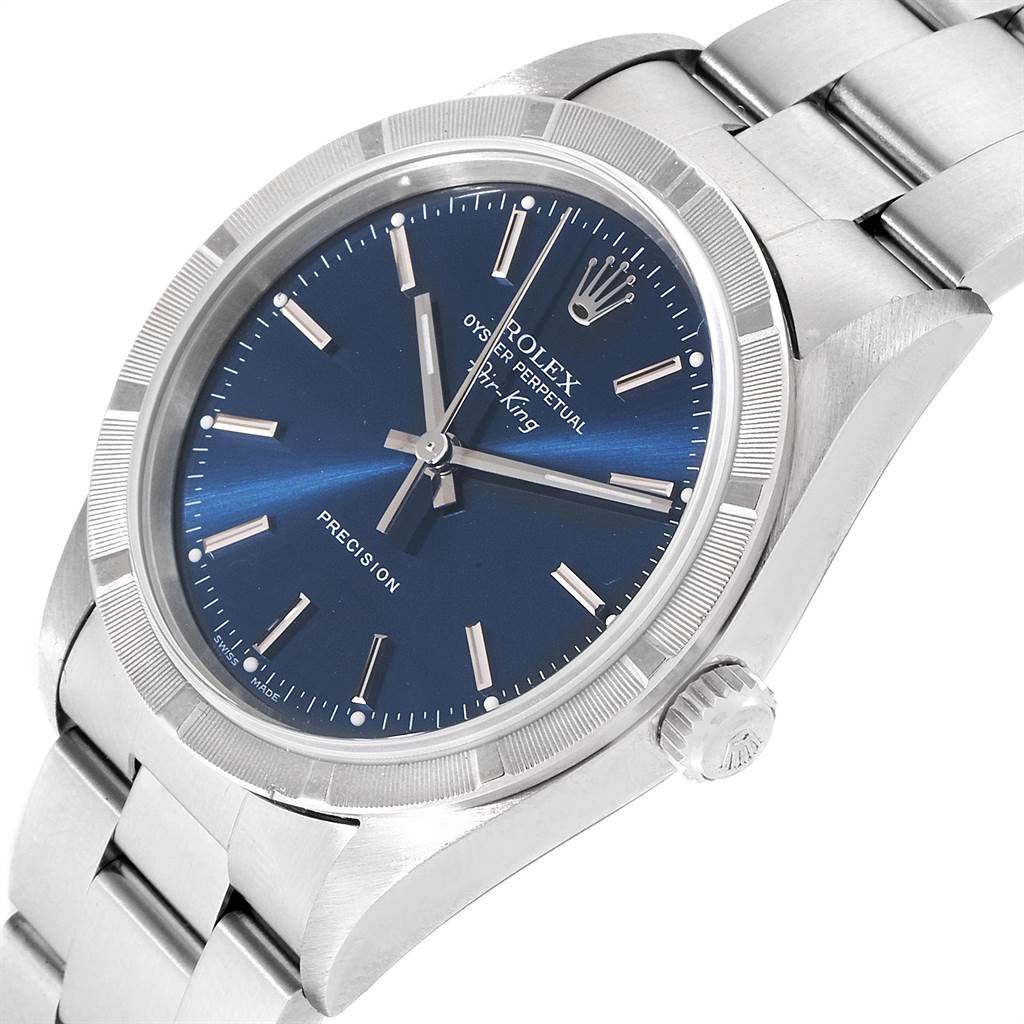 The image shows a side and partial front view of the Rolex Air-King 14010 Men's Stainless Steel Blue Dial 14010 Men's Stainless Steel Blue Dial watch, highlighting the dial, case, and part of the bracelet.