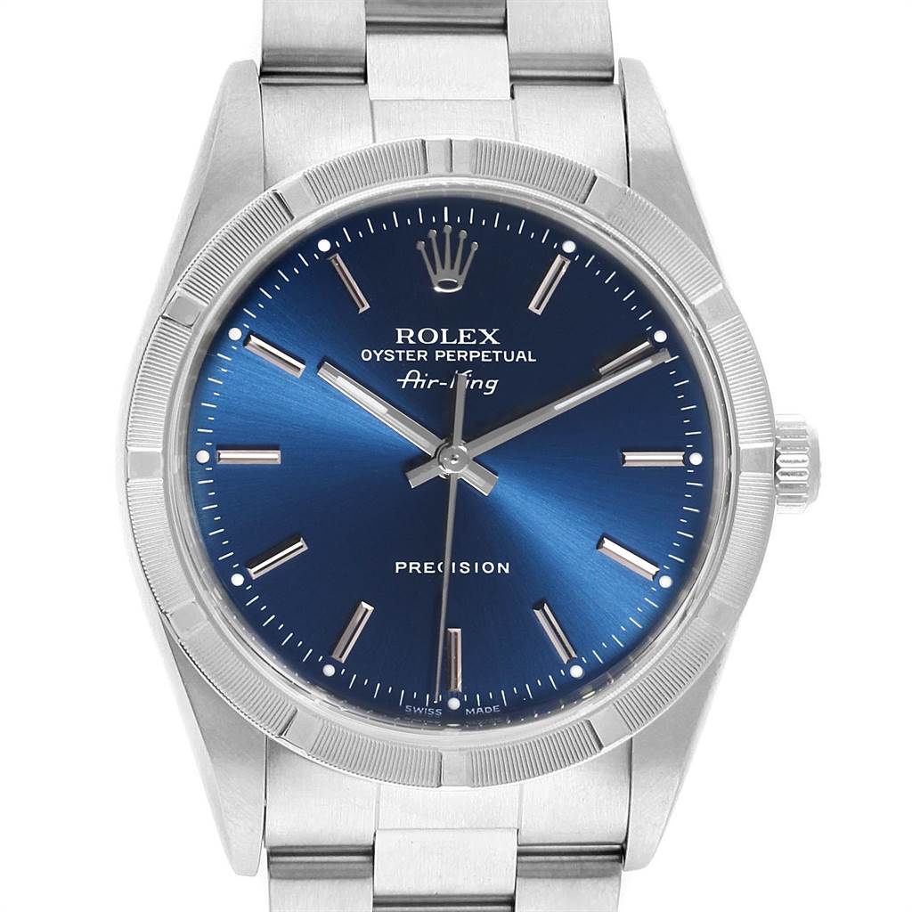 The image shows a front view of a Rolex Air-King 14010 Men's Stainless Steel Blue Dial 14010 Men's Stainless Steel Blue Dial watch featuring a blue dial, silver hands, and indices with a metal bracelet.