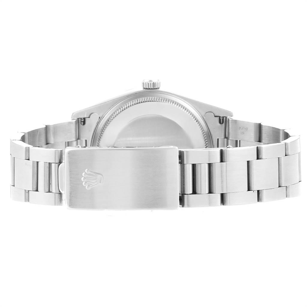 The image shows the rear view of a Rolex Air-King 14010 Men's Stainless Steel Blue Dial 14010 Men's Stainless Steel Blue Dial watch, highlighting the case back and stainless steel bracelet with the clasp.