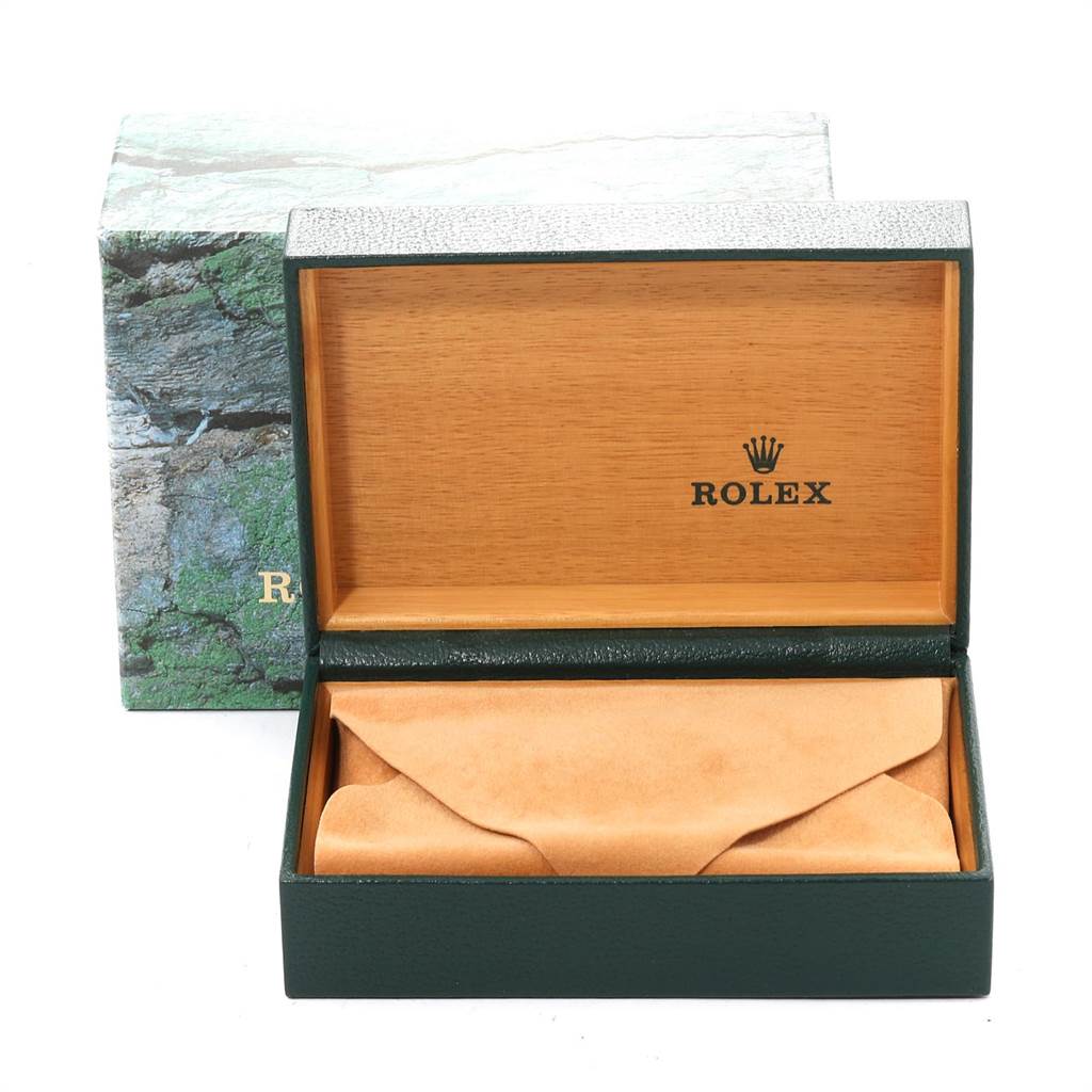 The image shows a Rolex Air-King 14010 Men's Stainless Steel Blue Dial 14010 Men's Stainless Steel Blue Dial watch box, partially open, revealing its interior with a suede pouch inside.