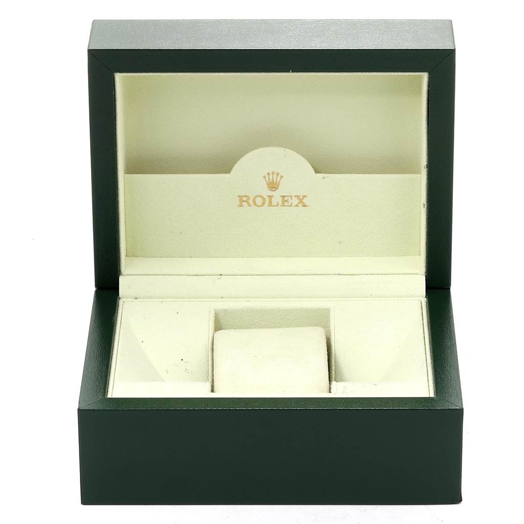 This image shows an open box for a Rolex Air-King 114210 Men's Stainless Steel Silver Dial 114210 Men's Stainless Steel Silver Dial watch, displaying the interior compartments.