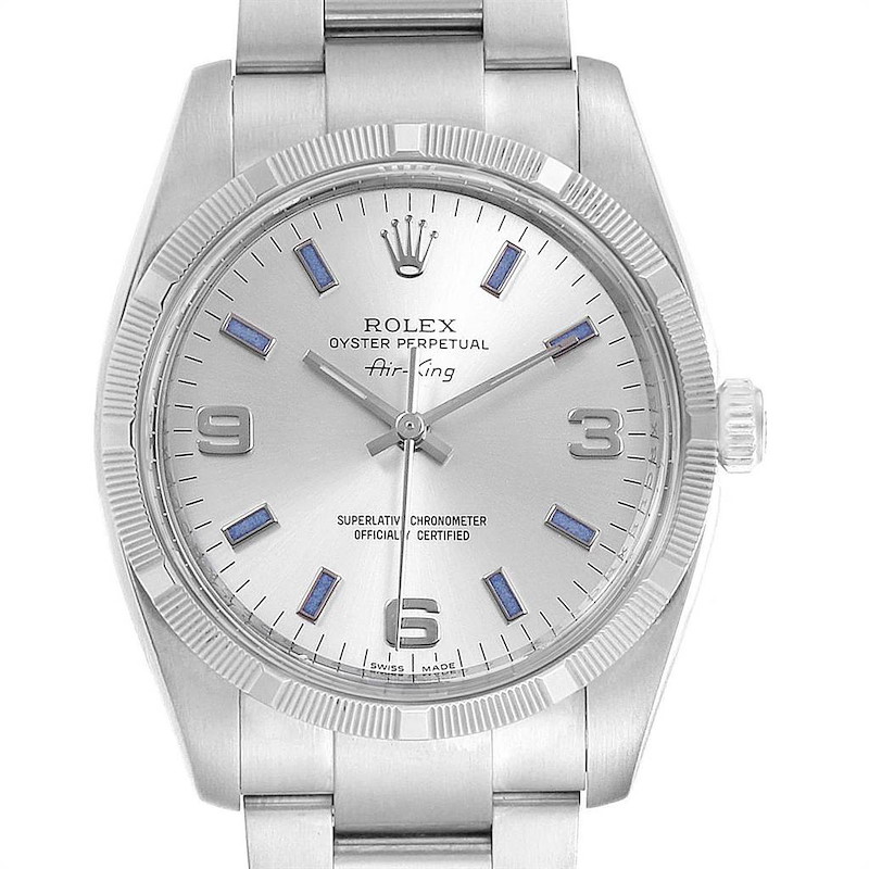 Rolex Air King Silver Dial Blue Markers Steel Mens Watch 114210 SwissWatchExpo