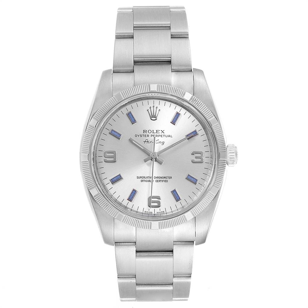 The image shows a front view of the Rolex Air-King 114210 Men's Stainless Steel Silver Dial 114210 Men's Stainless Steel Silver Dial watch, highlighting its dial, bezel, crown, and bracelet.