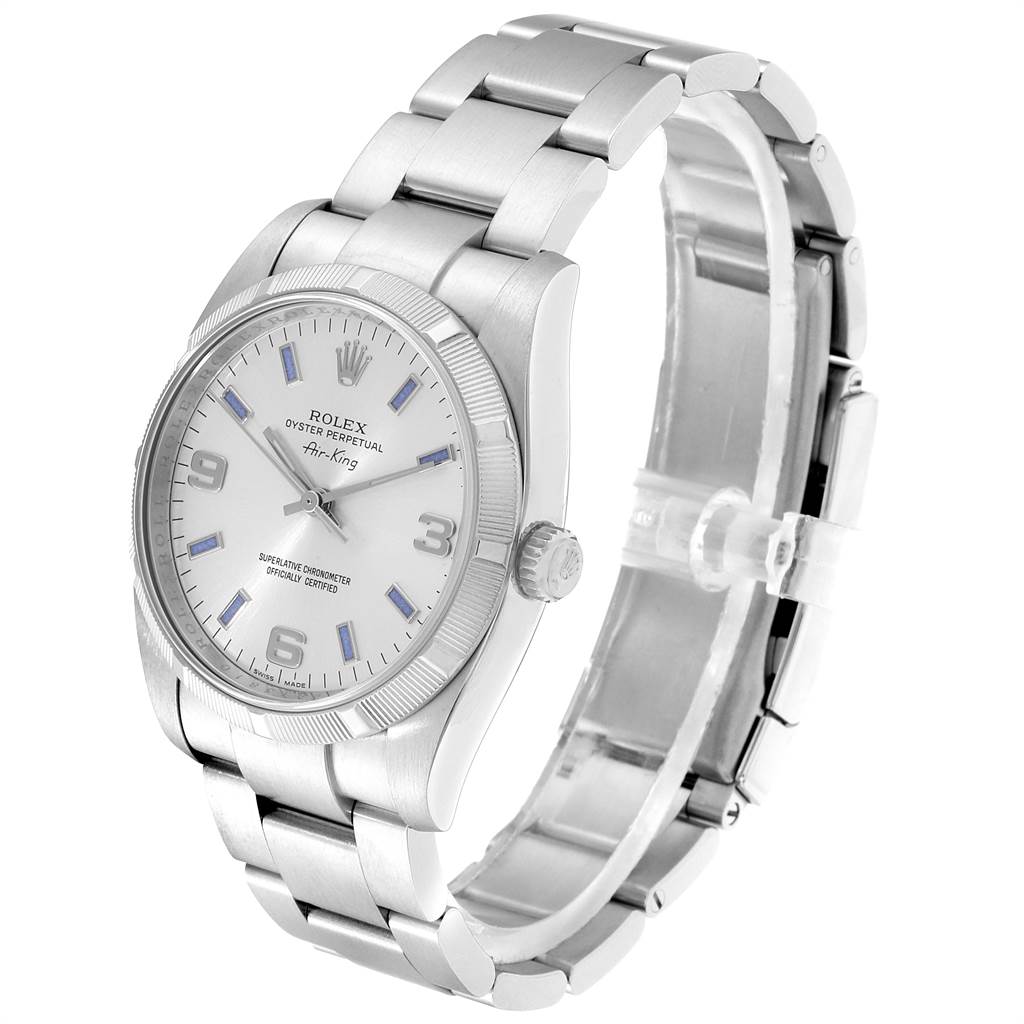 This image shows a Rolex Air-King 114210 Men's Stainless Steel Silver Dial 114210 Men's Stainless Steel Silver Dial watch at a three-quarter angle, highlighting the face, clasp, and bracelet.