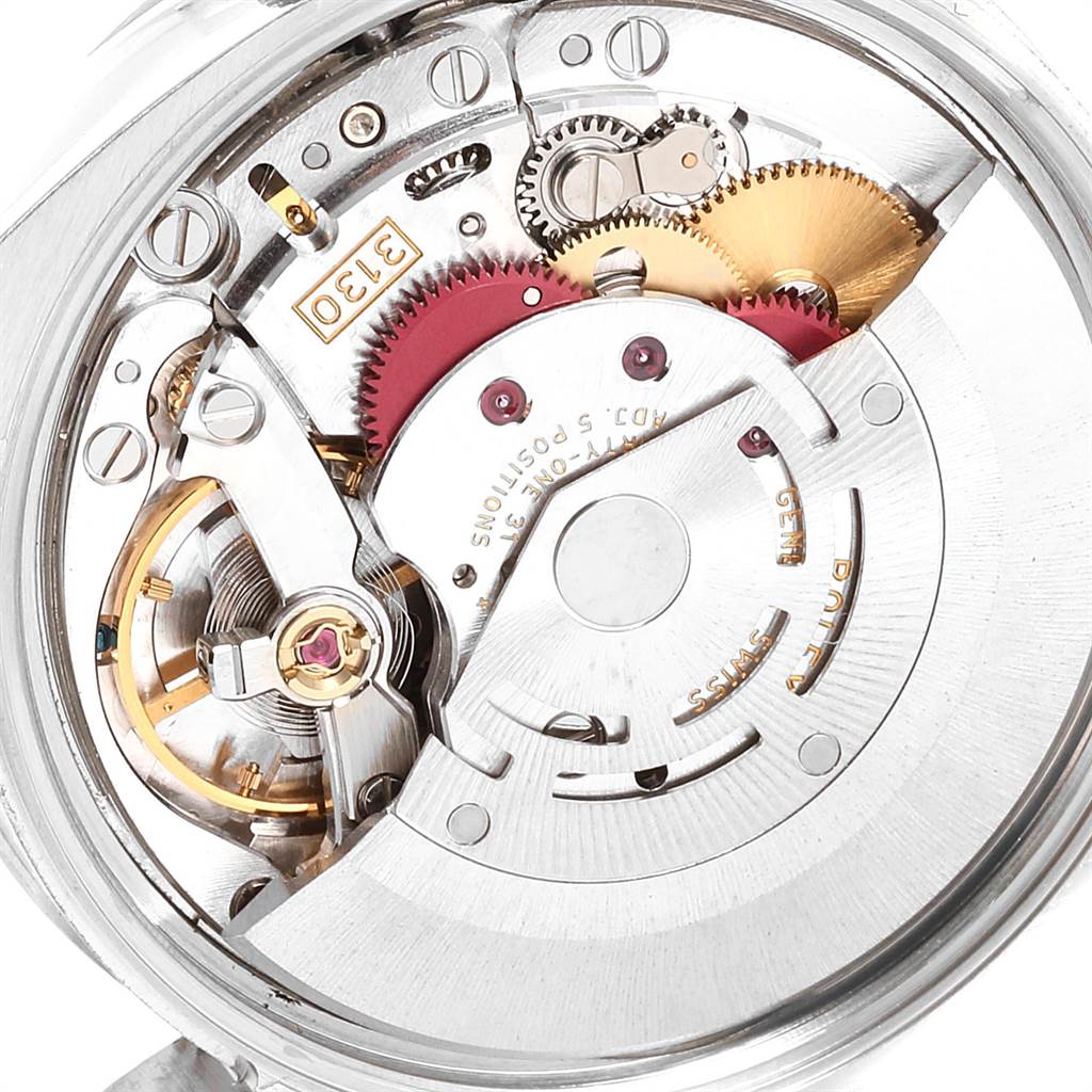 The image shows the internal movement mechanism of the Rolex Air-King 114210 Men's Stainless Steel Silver Dial 114210 Men's Stainless Steel Silver Dial watch from a top-down angle.
