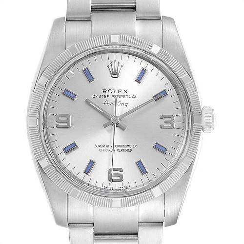 Photo of Rolex Air King Silver Dial Blue Markers Steel Mens Watch 114210