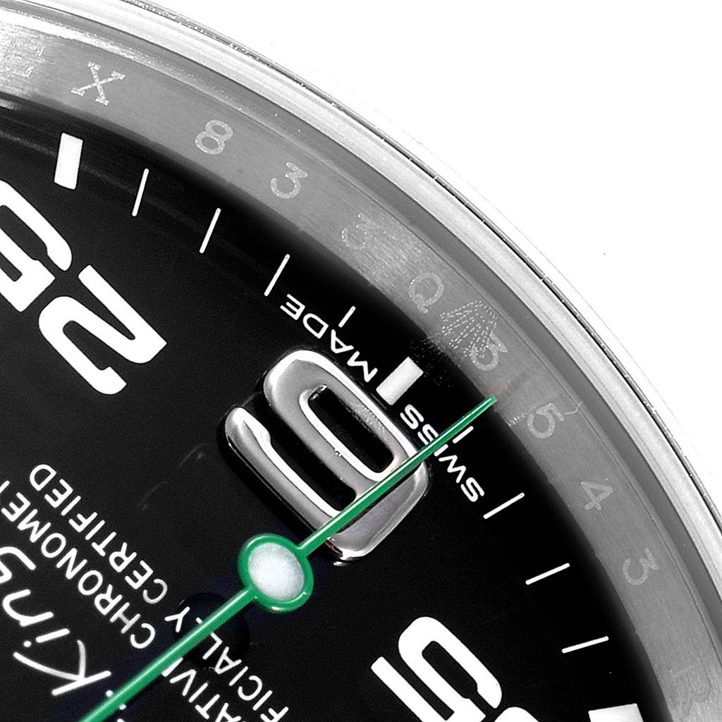 The image shows a close-up angle of the dial, bezel, and minute markers on the Rolex Air-King 116900 Men's Stainless Steel Black Dial 116900 Men's Stainless Steel Black Dial watch.