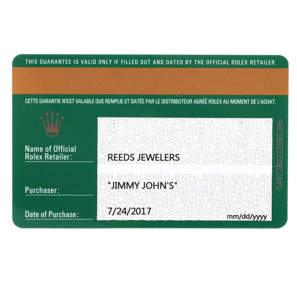 This is a guarantee card for the Rolex Air-King 116900 Men's Stainless Steel Black Dial 116900 Men's Stainless Steel Black Dial watch, showing retailer, purchaser, and purchase date details.