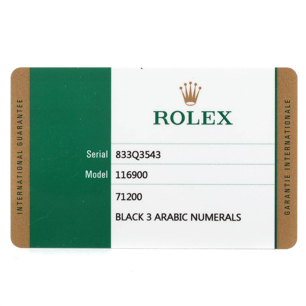 This image shows an international guarantee card for the Rolex Air-King 116900 Men's Stainless Steel Black Dial 116900 Men's Stainless Steel Black Dial model 116900.
